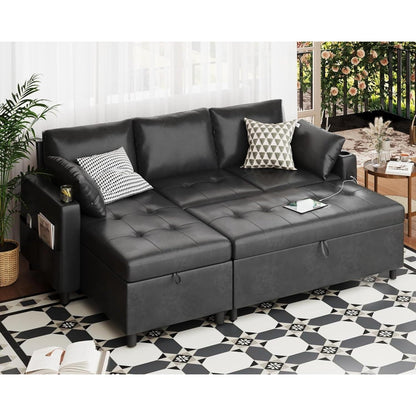 YODOLLA Faux Leather L-Shaped Sleeper Sofa, Pullout Bed, USB & Storage, Black