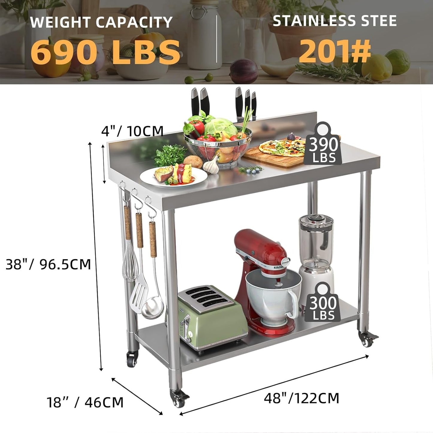 YODOLLA Stainless Steel Table with Backsplash 48"x18" Prep Tables for Commercial Kitchen
