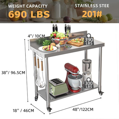 YODOLLA Stainless Steel Table with Backsplash 48"x18" Prep Tables for Commercial Kitchen