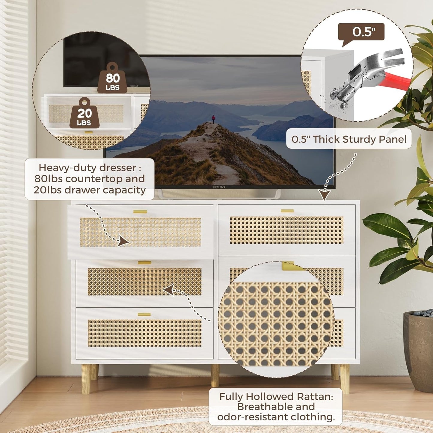 YODOLLA Wicker Dresser 6 Drawer Rattan Dresser, White