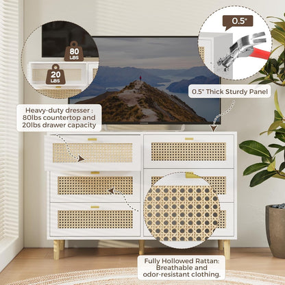YODOLLA Wicker Dresser 6 Drawer Rattan Dresser, White