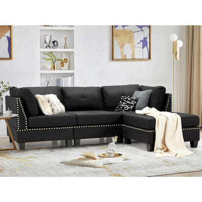 YODOLLA 88.6” L-Shaped Sofa Couch with Reversible Chaise, Fabric Black