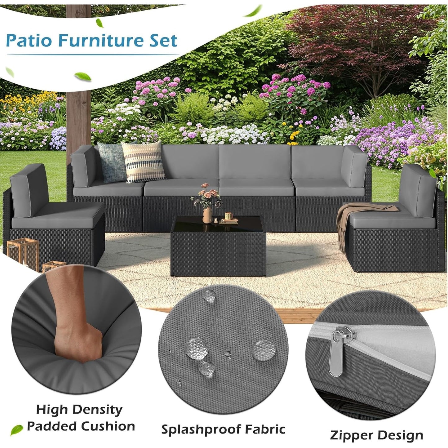 YODOLLA 7 Piece Outdoor Patio Furniture Set, Black & Gray
