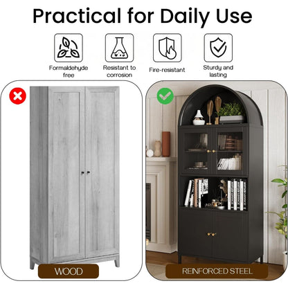 YODOLLA 73" Kitchen Pantry, Metal Arched Cabinet with Glass Door & Adjustable Shelves