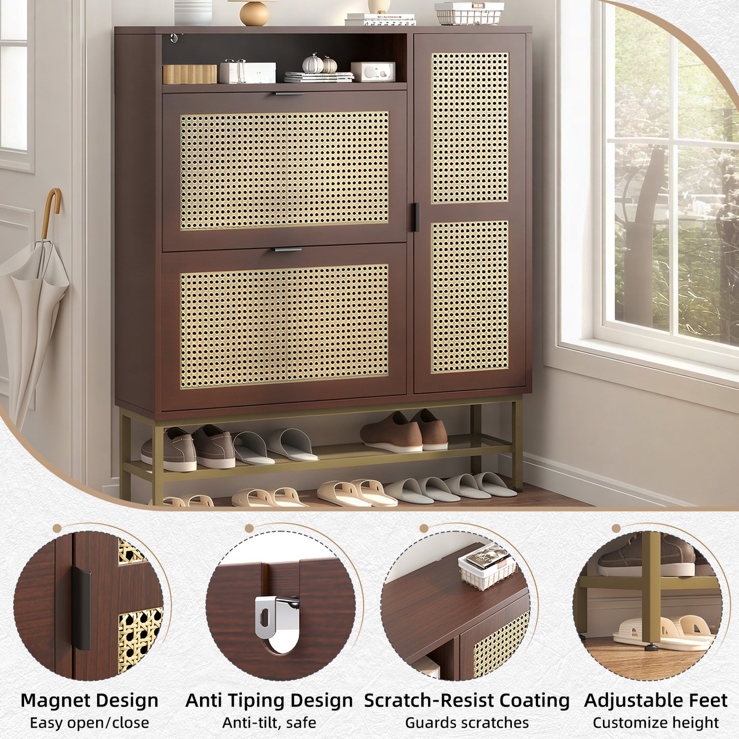 YODOLLA Rattan Shoe Cabinet with 3 Flip Drawers, Brown