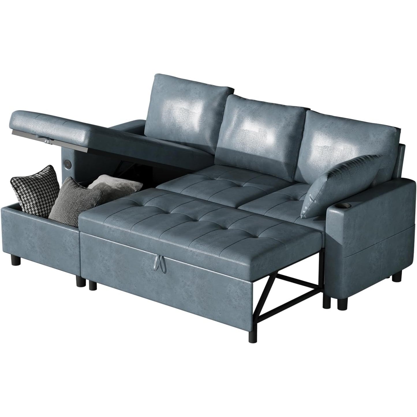 YODOLLA Faux Leather L-Shaped Sleeper Sofa, Pullout Bed, USB & Storage, Blue