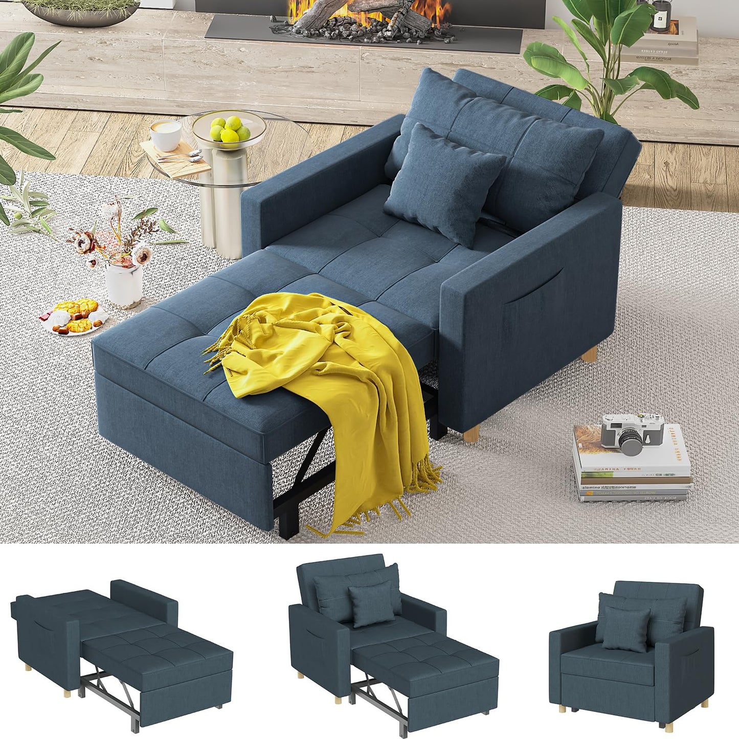 YODOLLA 36" Convertible Chair Bed, Blue
