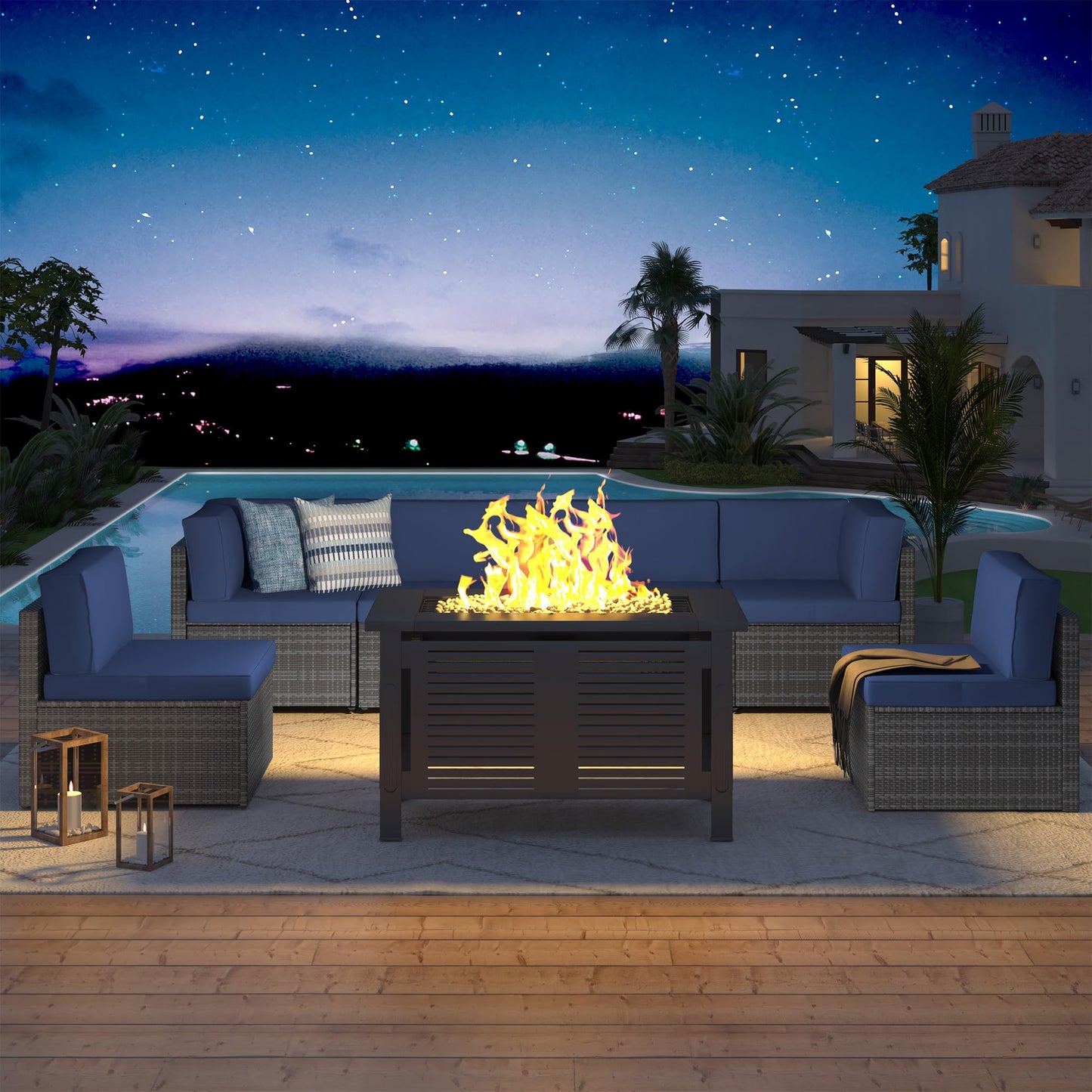 YODOLLA 7 Piece Outdoor Patio Furniture Set with Extra 43'' Fire Pit Table, Grey Rattan & Navy Cushion