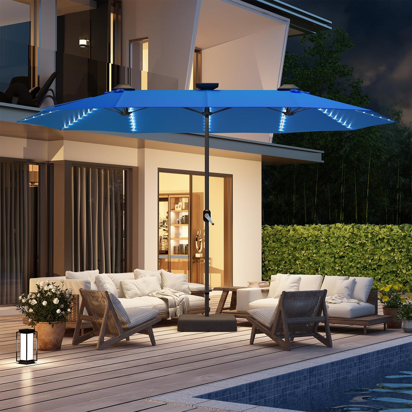 YODOLLA 15ft Double-Sided Patio Umbrella Outdoor Rectangle Umbrella with Base, Blue