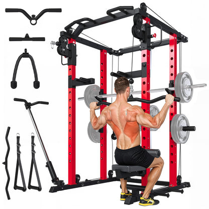 YODOLLA Power Squat Rack Cage, 2000lbs Weight Cable Machine with LAT Pulldown