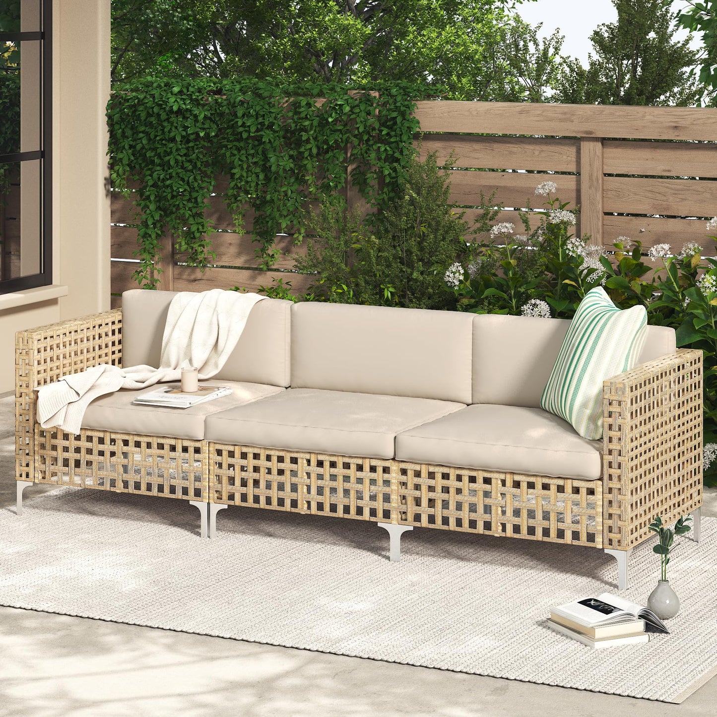 YODOLLA Outdoor Wicker Patio Furniture Sofa, 3 Seats Sofa
