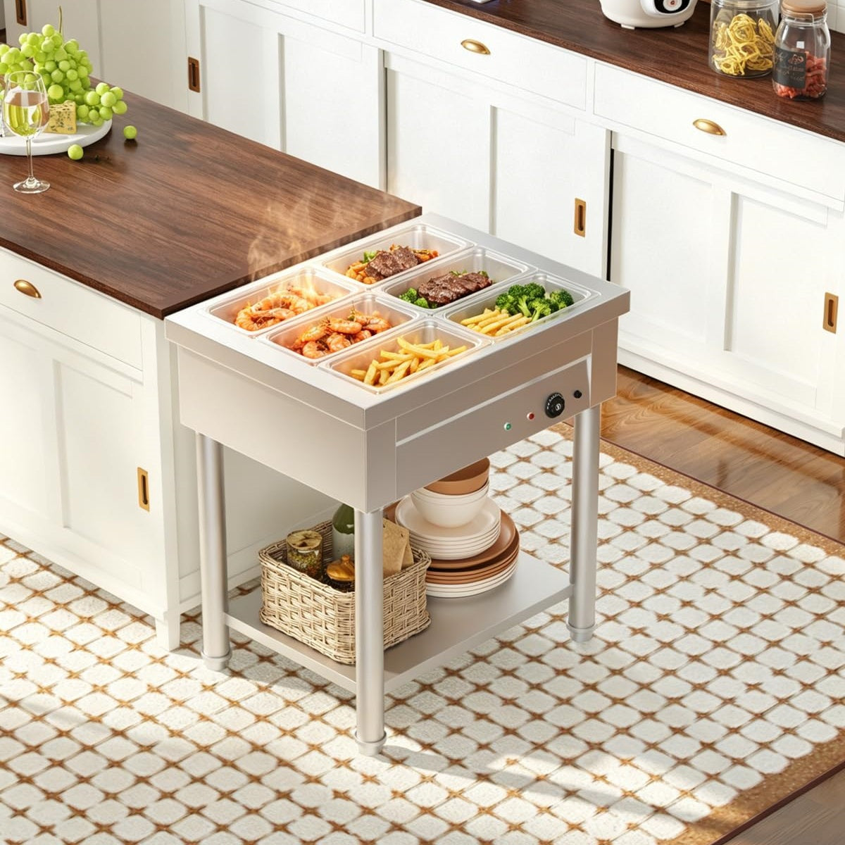 YODOLLA Commercial Food Warmer 1500W Electric Steam Table with 6x6QT Pans & Shelf