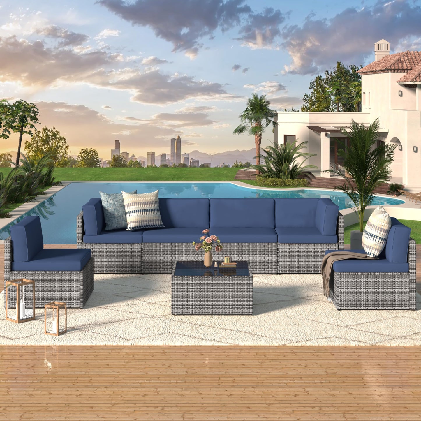YODOLLA 7 Piece Outdoor Patio Furniture Set, Grey & Navy