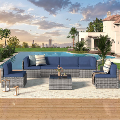 YODOLLA 7 Piece Outdoor Patio Furniture Set, Grey & Navy