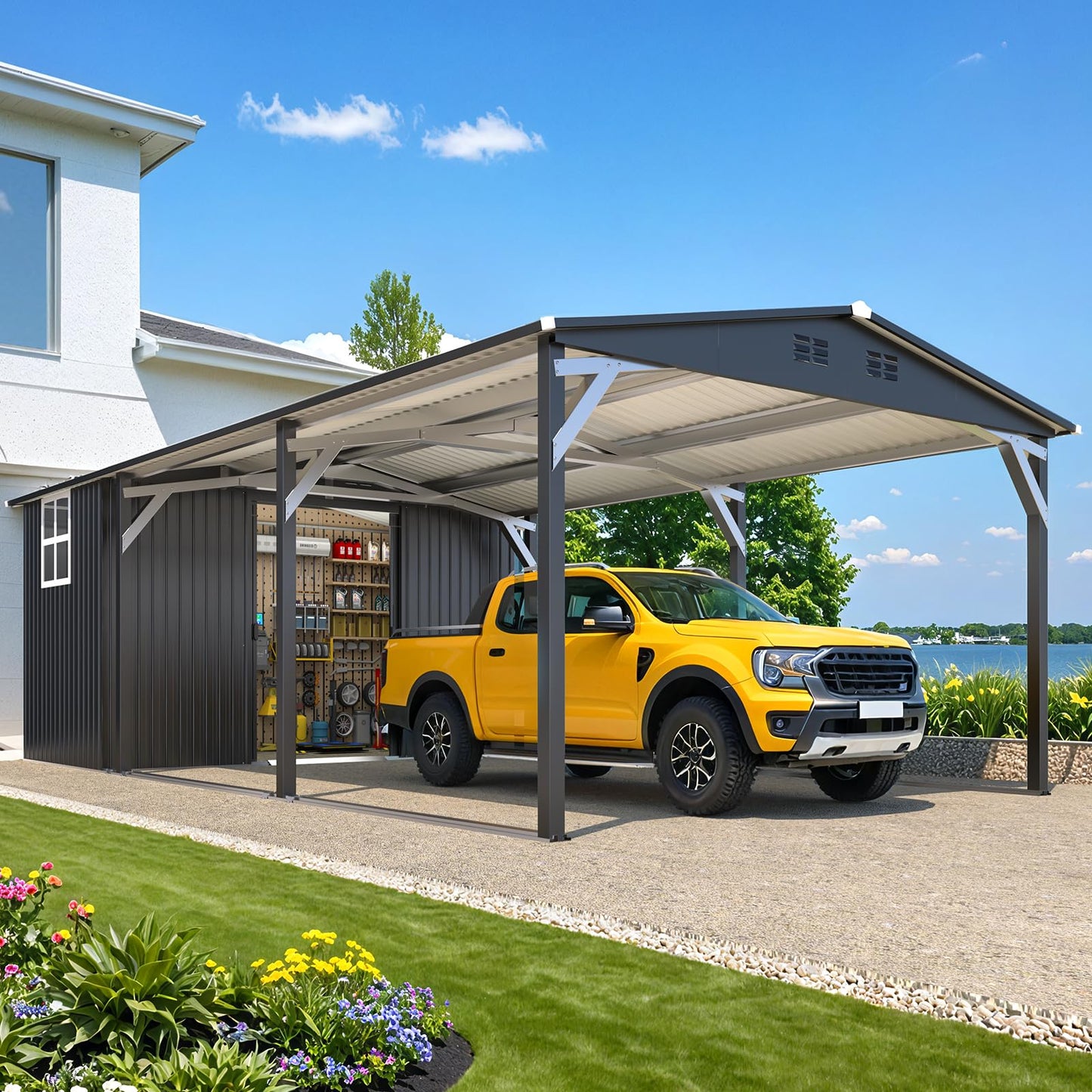 YODOLLA 12x22 Metal Carport with Storage Sheds