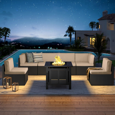 YODOLLA 7 Piece Outdoor Patio Furniture Set with 30 Inch Fire Pit Table, Black Rattan Beige Cushion