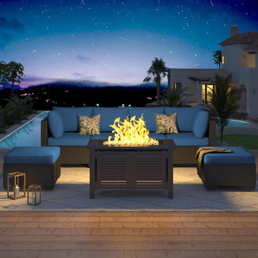 YODOLLA 7 Piece Outdoor Patio Furniture Set with Extra 43 Inch Fire Pit Table, Black Rattan & Navy Cushion