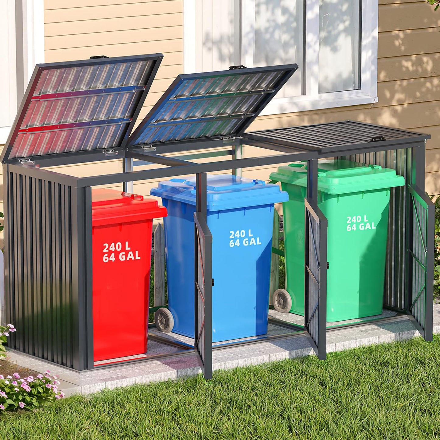 YODOLLA 73 Cu.Ft Outdoor Trash Can Storage Shed for 3 Garbage Cans
