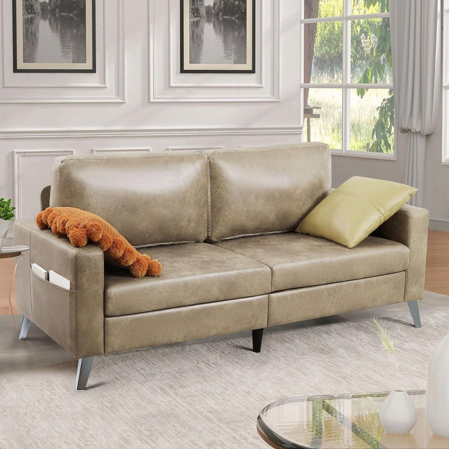 YODOLLA 79 Inch Sofa Couch for Living Room, Faux Leather, Beige