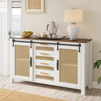 YODOLLA Farmhouse Sideboard Buffet Cabinet with Storage, Rattan Kitchen Cabinet w/Sliding Barn Doors & 4 Drawers