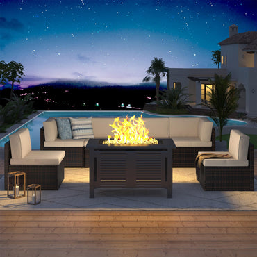 YODOLLA 7 Piece Outdoor Patio Furniture Set with Extra 43 Inch Fire Pit Table, Brown Rattan & Beige Cushion
