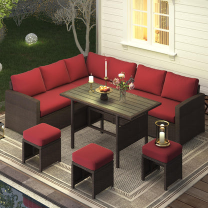 YODOLLA 7 Pieces Outdoor Wicker Rattan Furniture Set, Brown & Wine Red