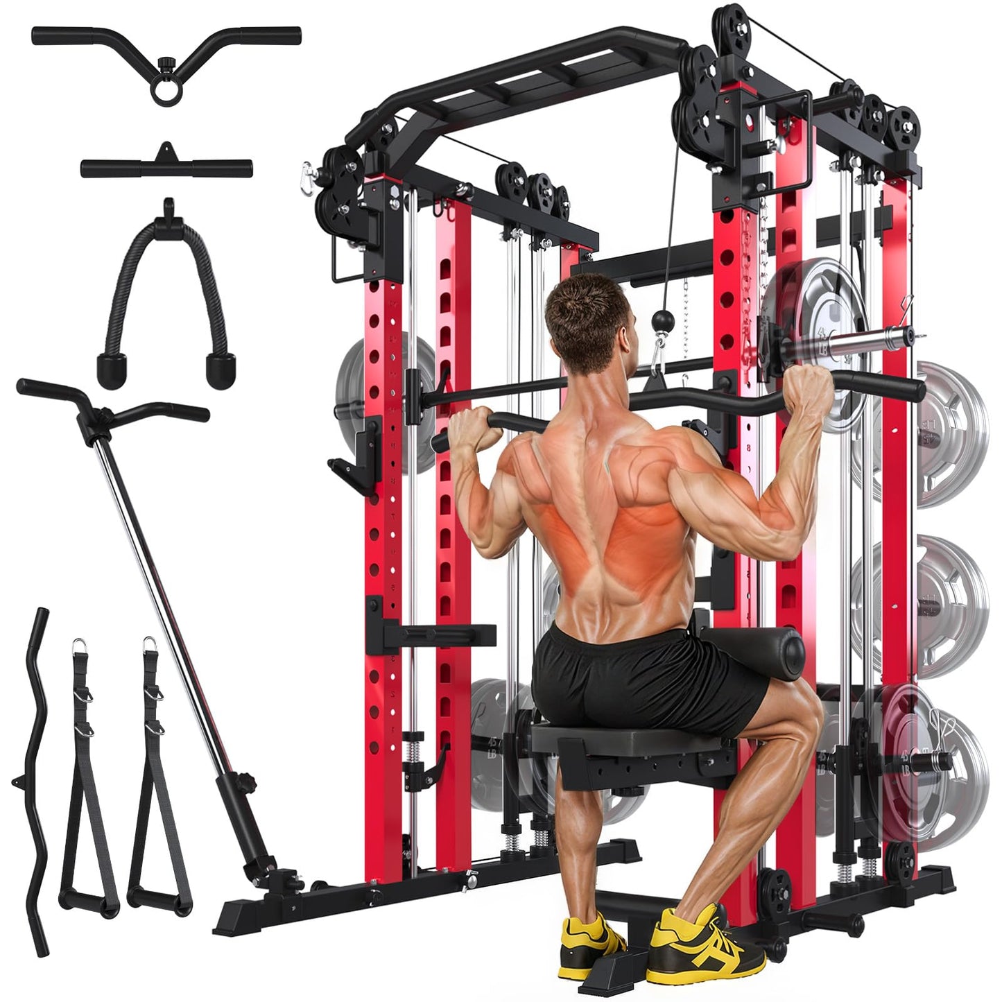 YODOLLA Smith Machine Power Squat Rack Cage, 2000lbs All in One Dual Cable Crossover Machine