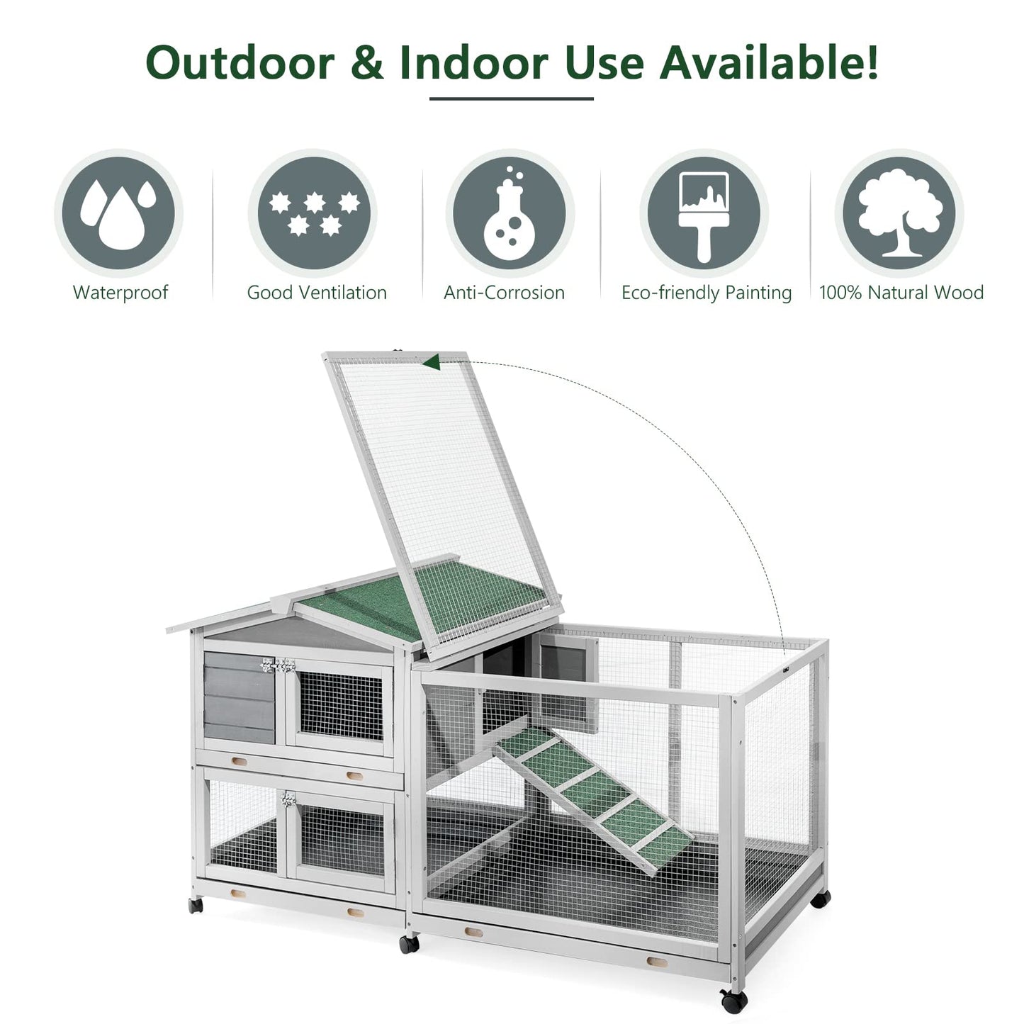 YODOLLA 62'' Rabbit Hutch Two Story Bunny Cage with No Leakage Tray & Waterproof Roof