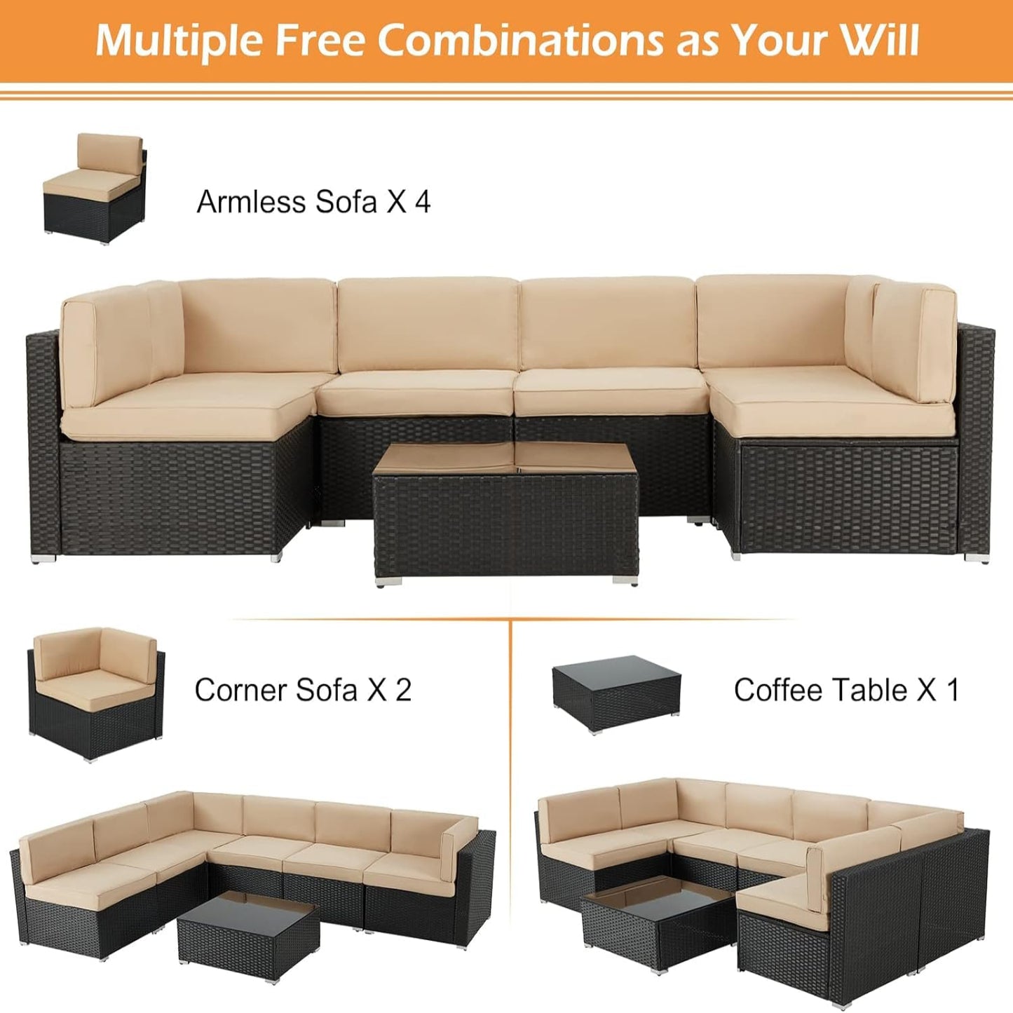 YODOLLA 7 Piece Outdoor Patio Furniture Set, Black & Beige