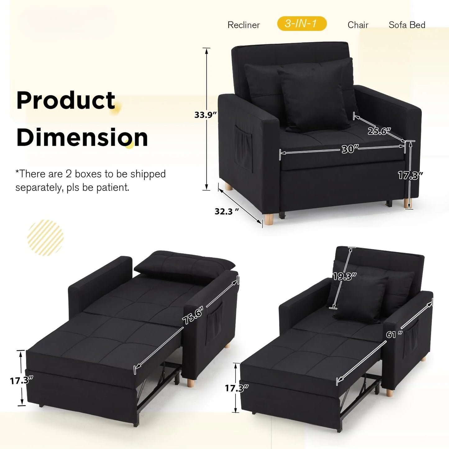 YODOLLA 36" Convertible Chair Bed, Black