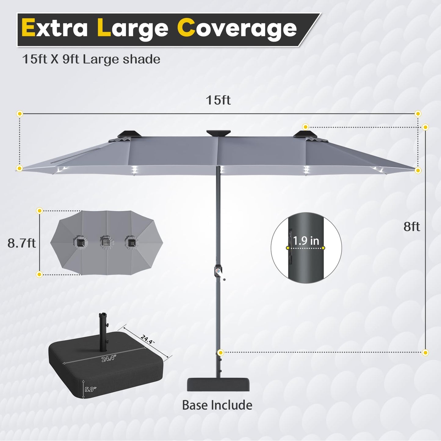 YODOLLA 15ft Double-Sided Patio Umbrella Outdoor Rectangle Umbrella with Base, Gray