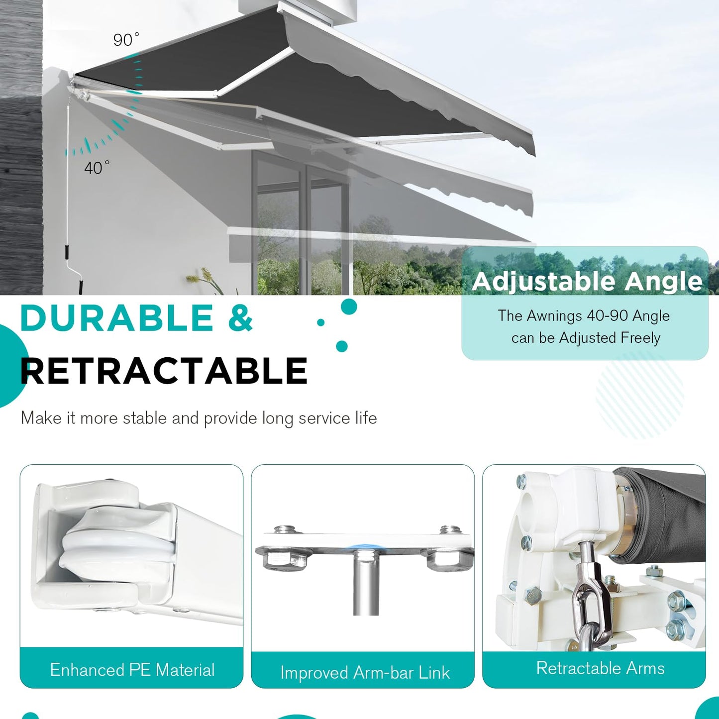 YODOLLA 14'×10'  Manual Retractable Awning Sun Shade Patio Awning Cover