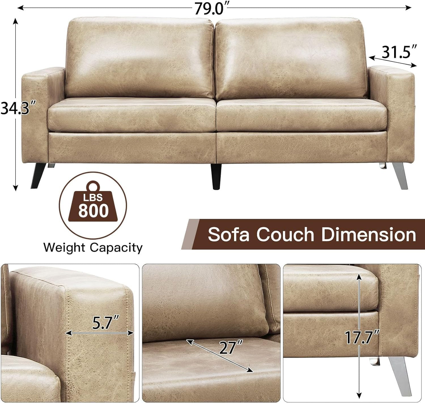 YODOLLA 79 Inch Sofa Couch for Living Room, Faux Leather, Beige