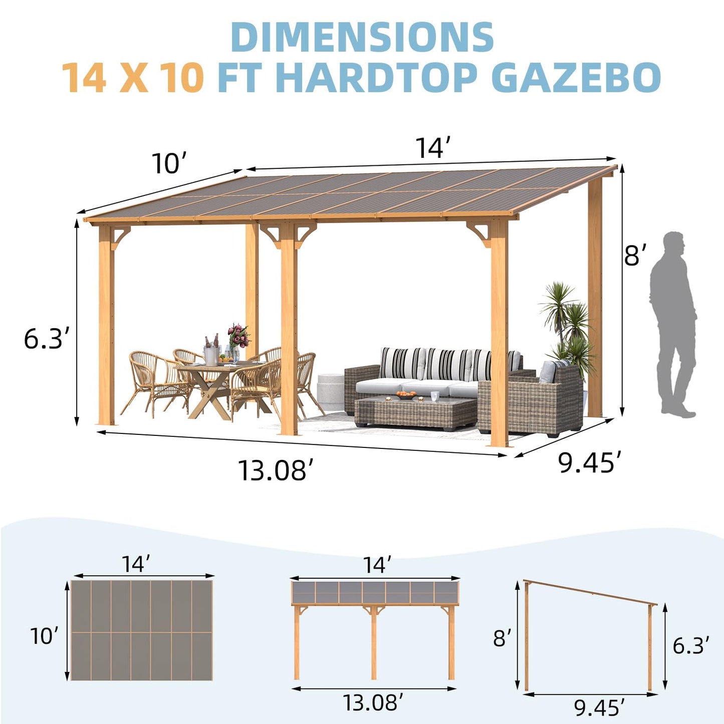 YODOLLA 14' x 10' Wood Grain Hard Top Lean to Gazebo Pergola