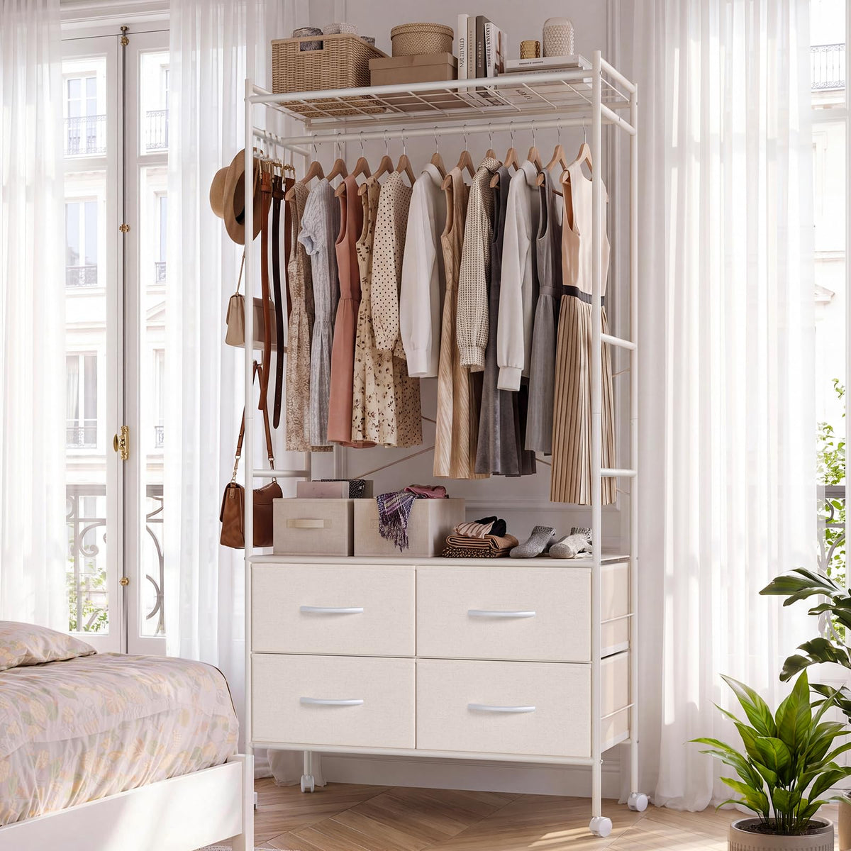 YODOLLA Rolling Clothes Rack with 4 Fabric Drawers, Portable Closet Organizer for Hanging Clothes