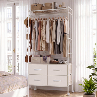 YODOLLA Rolling Clothes Rack with 4 Fabric Drawers, Portable Closet Organizer for Hanging Clothes