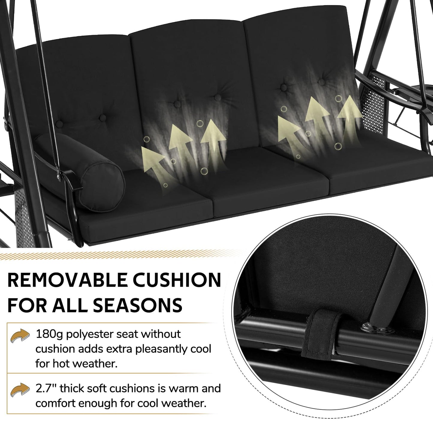 YODOLLA 3-Seat Porch Swings with Adjustable Canopy, Black