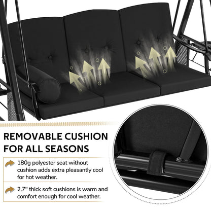 YODOLLA 3-Seat Porch Swings with Adjustable Canopy, Black