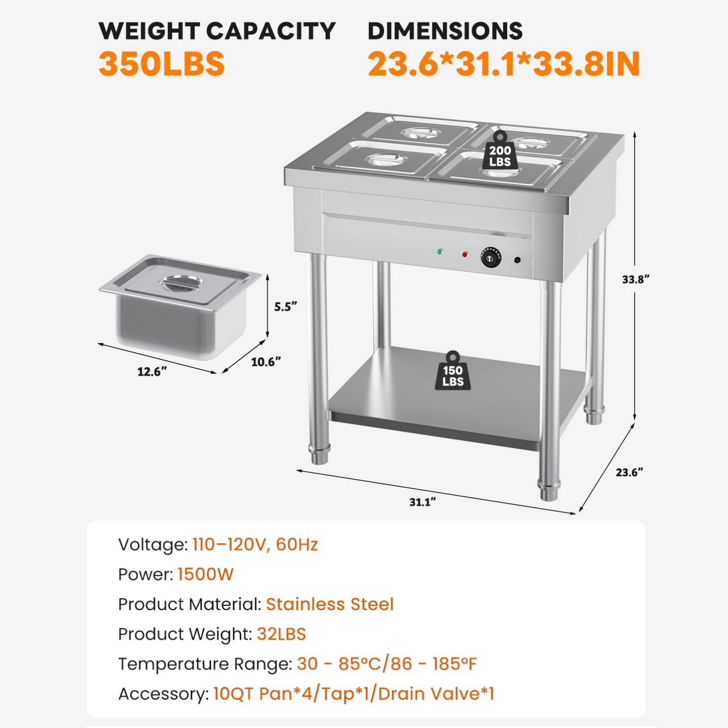 YODOLLA Commercial Food Warmer 1500W Electric Steam Table with 4x10QT Pans & Shelf