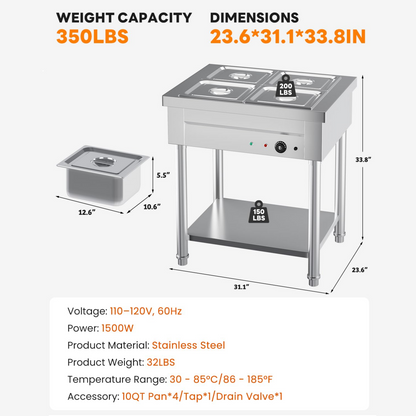 YODOLLA Commercial Food Warmer 1500W Electric Steam Table with 4x10QT Pans & Shelf