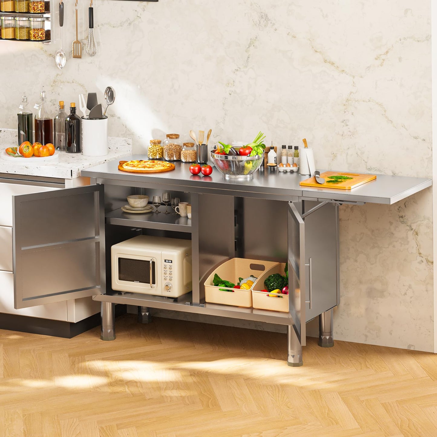 YODOLLA 57"x19.7" Stainless Steel Work Table Kitchen Cabinets with Extend Panel & Adjustable Shelf