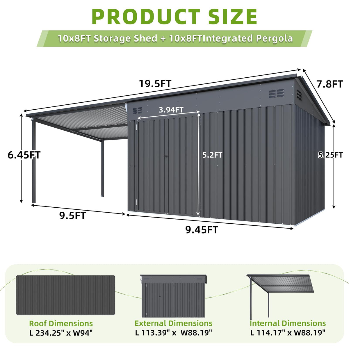 YODOLLA 20x8 FT Metal Outdoor Storage Shed with Pergola Hardtop Combo