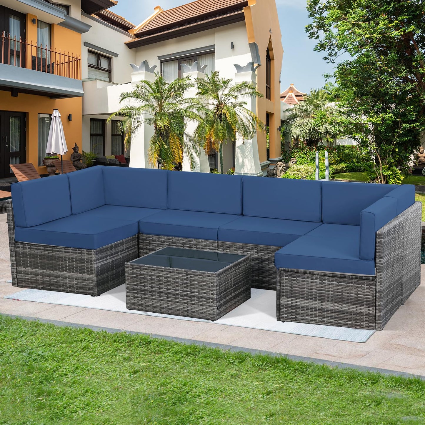 YODOLLA 7 Piece Outdoor Patio Furniture Set, Grey & Navy