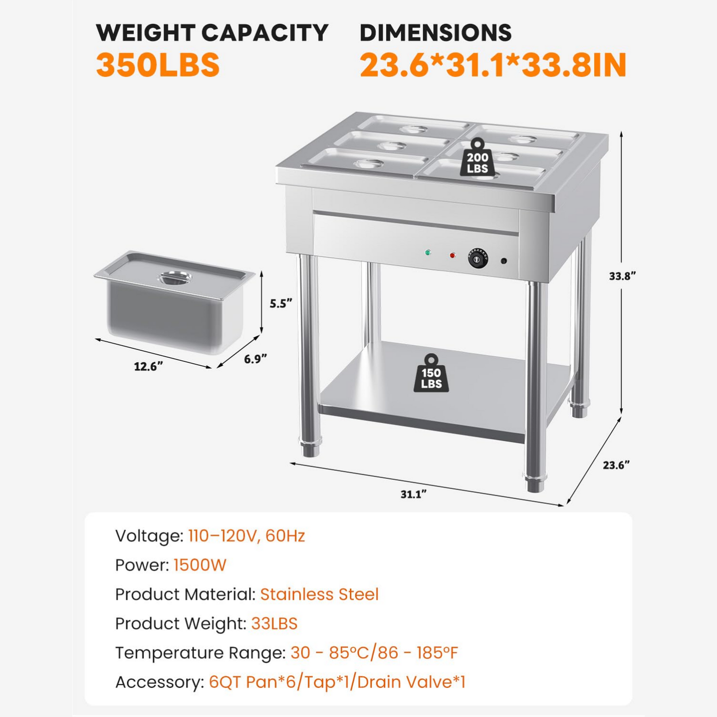 YODOLLA Commercial Food Warmer 1500W Electric Steam Table with 6x6QT Pans & Shelf