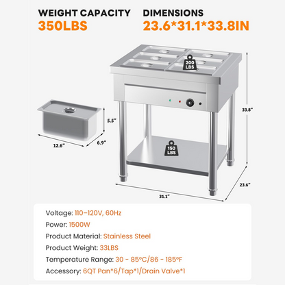 YODOLLA Commercial Food Warmer 1500W Electric Steam Table with 6x6QT Pans & Shelf