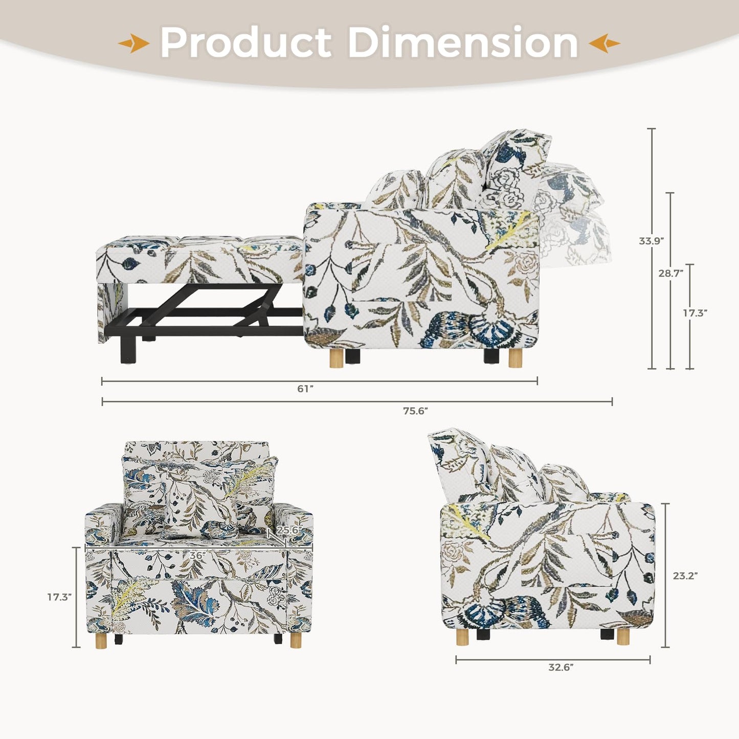 YODOLLA 36" Convertible Chair Bed, Floral