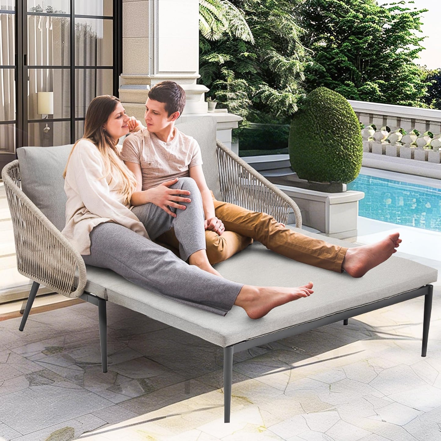 YODOLLA Outdoor Double Chaise Lounge Chair Convertible Patio Loveseat Sofa Couch