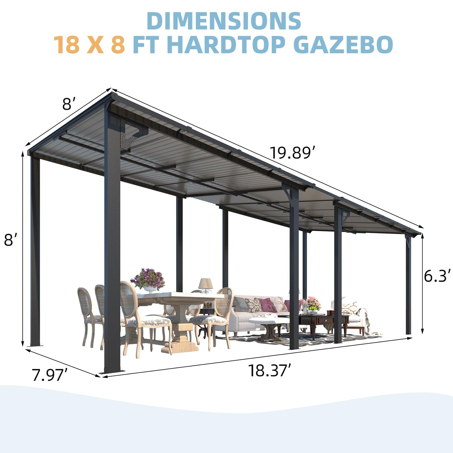 YODOLLA 18' x 8' Wall-Mounted Hard Top Lean-to Gazebo for Patio