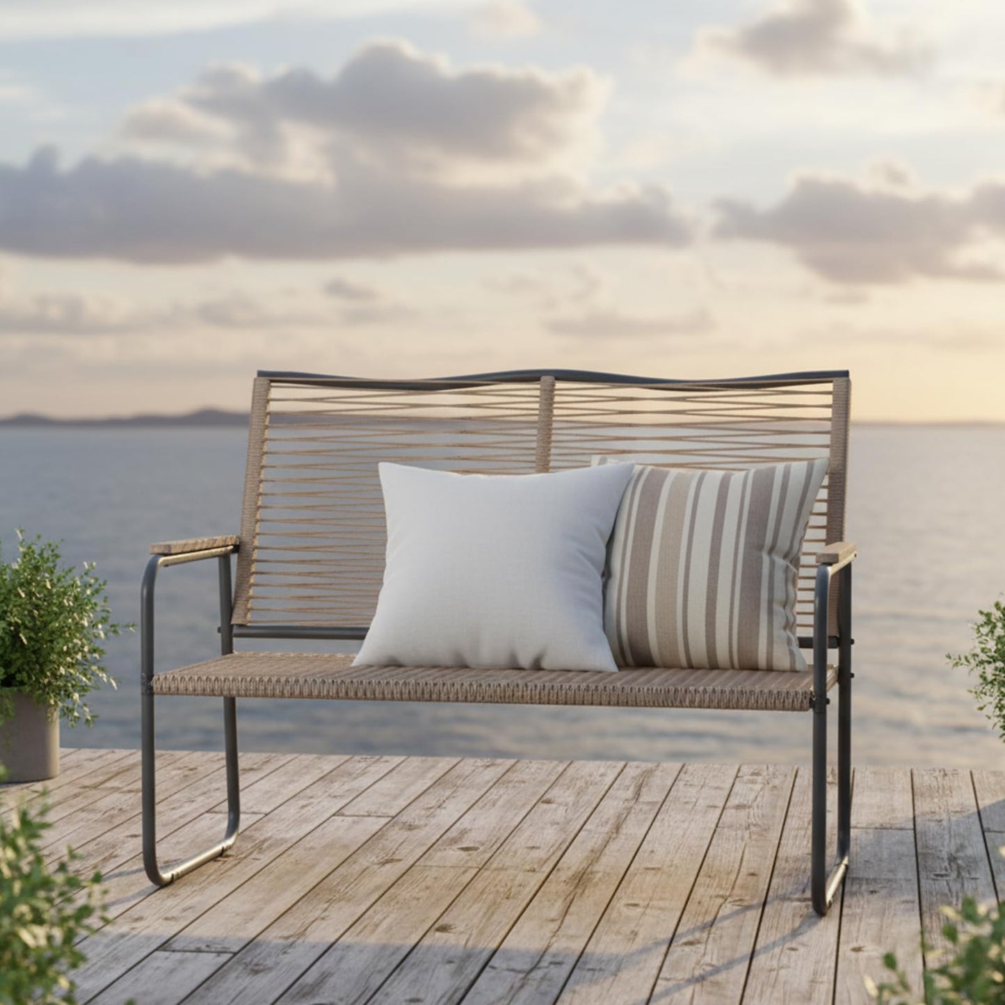 YODOLLA Outdoor Garden Bench, Weatherproof Wicker Patio Loveseat with Backrest Armrests