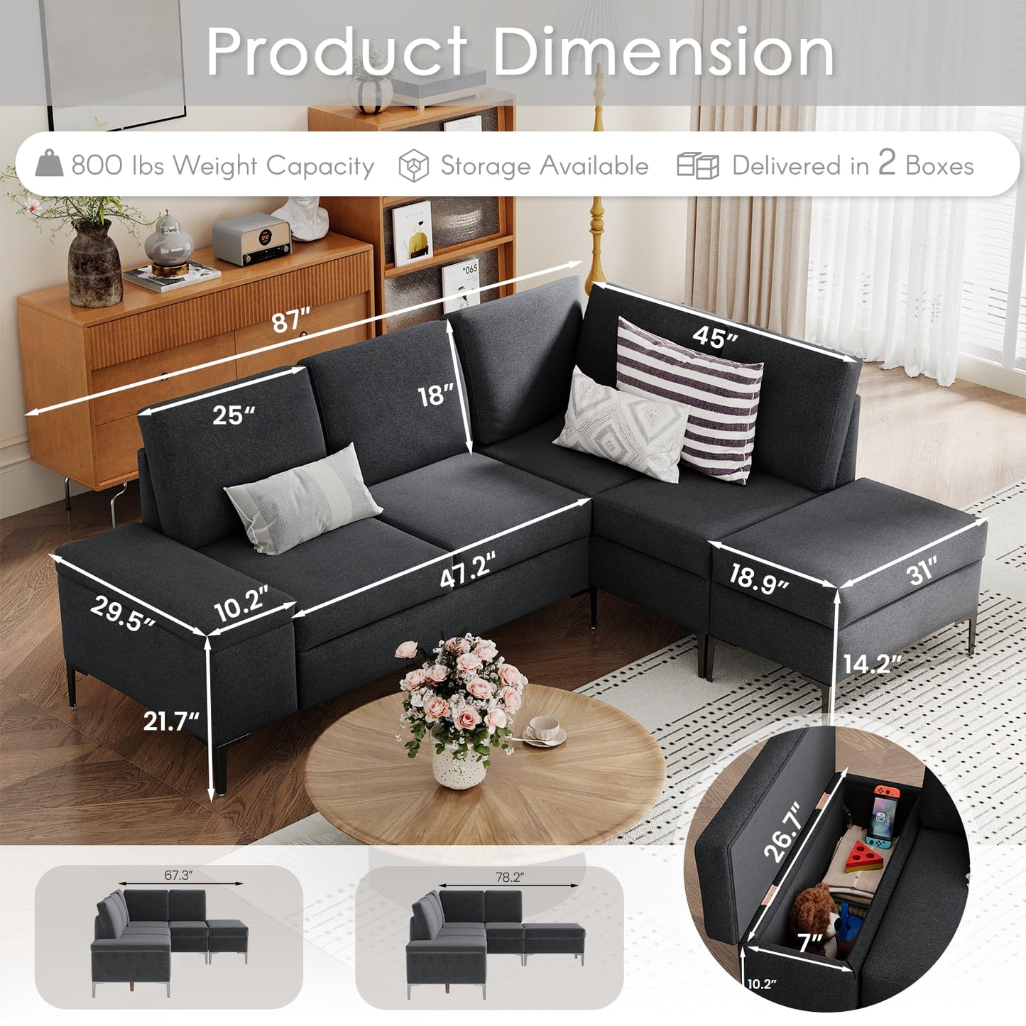 YODOLLA Sectional Couch with Ottoman Convertible Corner Couches with Armrest Storage